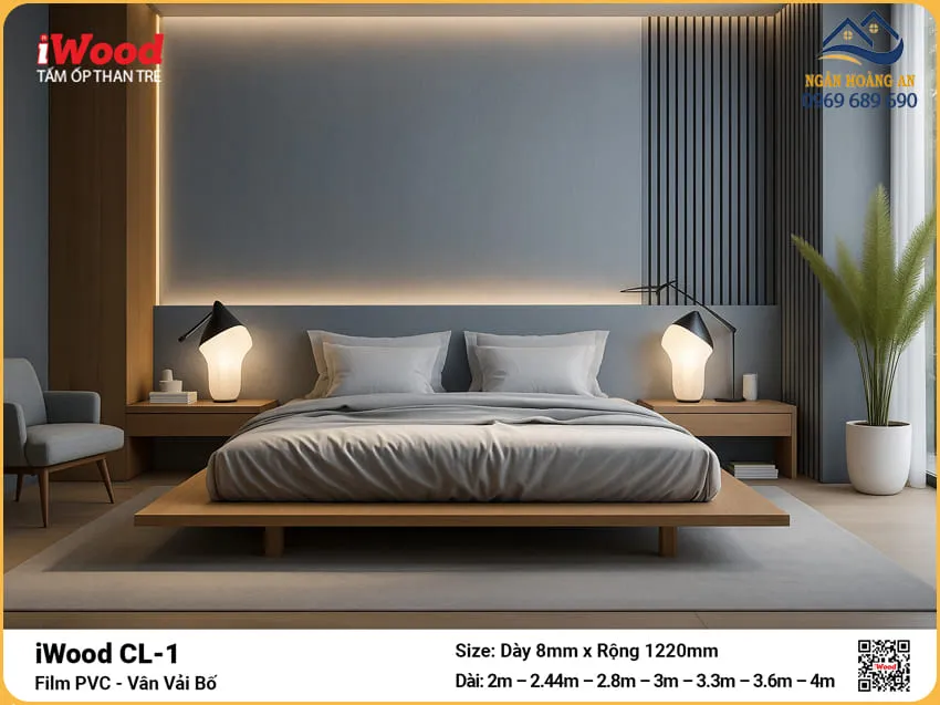 Tấm Ốp Than Tre Đa Năng Vân Vải Bố Ghi Xanh iWood CL-1